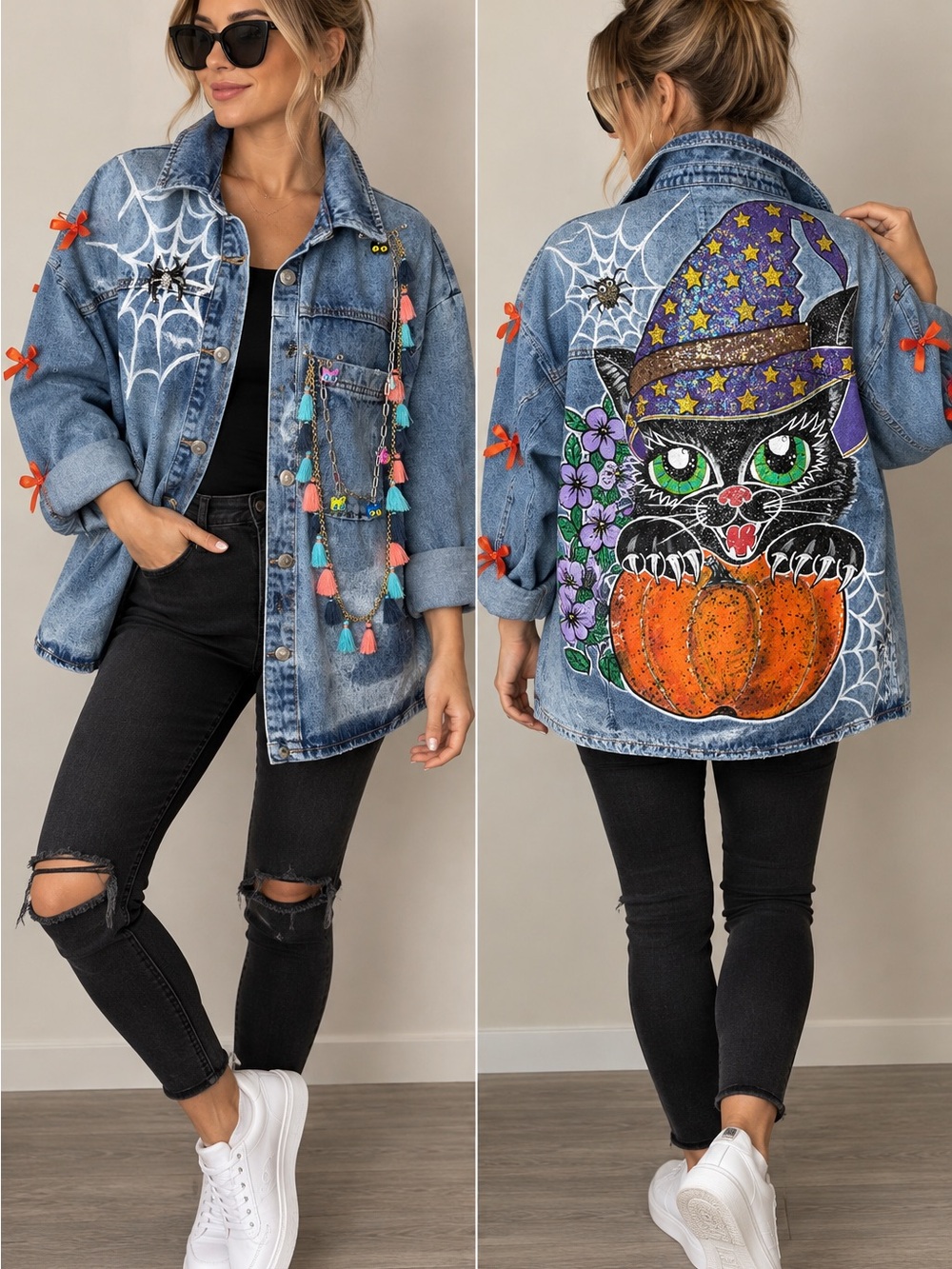 Hand Painted Halloween Denim Jacket Cat Witch Pumpkin Wearable Art Size L